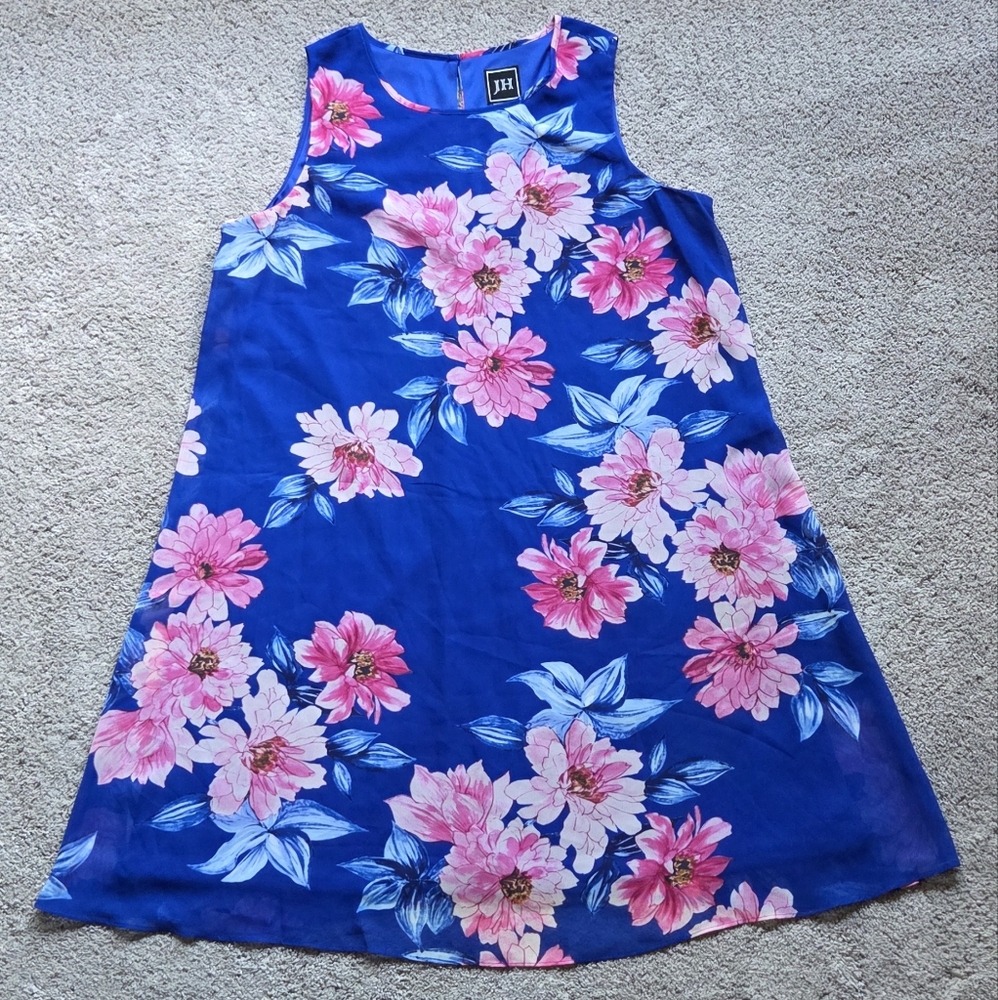 JH Design Blue Sleeveless Pink Floral Midi Dress, Size 14 Cottagecore Feminine
